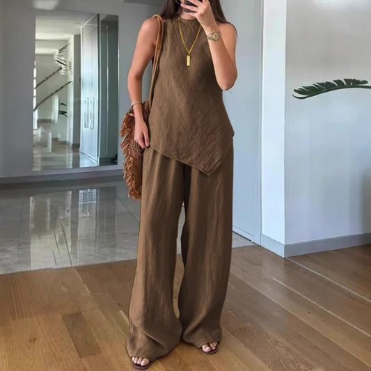 Women's Casual Sleeveless Crew-Neck Two-Piece Set with Pockets