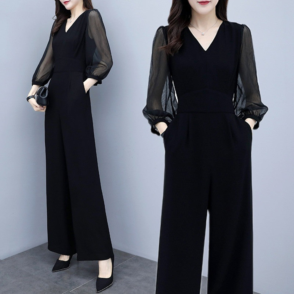 Women's V-Neck High Waist Chiffon Wide Leg Jumpsuit – Black S–3XL