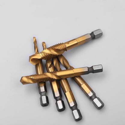 6-Piece Metric Composite Tap Set – 1/4" Hex Shank, High-Speed Steel (Natural, Titanium & Blue Plated)