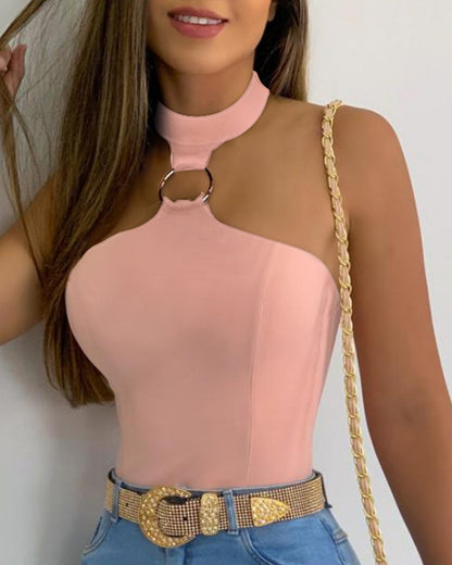 Women's Stand Collar Halter Sleeveless Top – Street Style Black & Pink S–XL