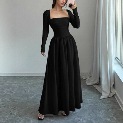 Women's Mock Two-Piece Square Neck Long Sleeve Dress – Jacquard Patchwork Maxi