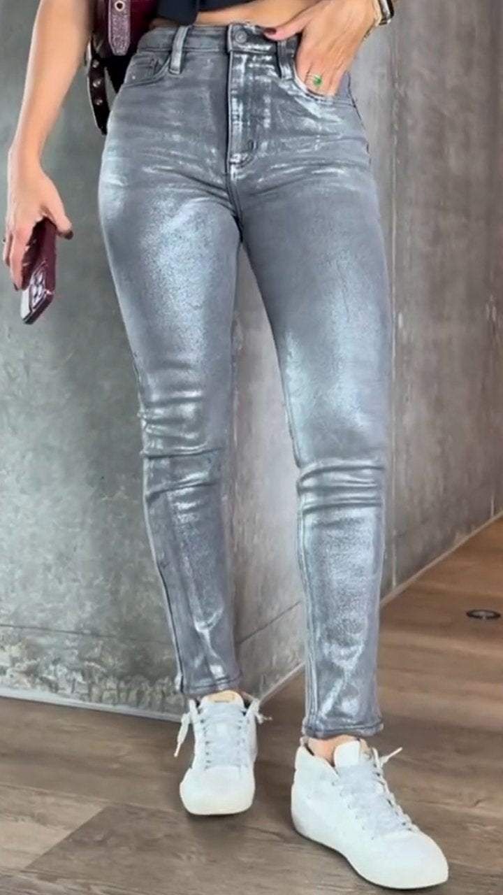 Women's Gold & Silver Foil Print Stretch Skinny Jeans – Slim Fit