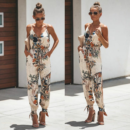 Women's Printed Backless V-Neck Sling Jumpsuit with Pockets – Street Style S–3XL