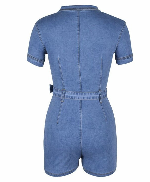 Women's Deep V Zipper Denim Shorts Jumpsuit – High Waist Belt & Pockets