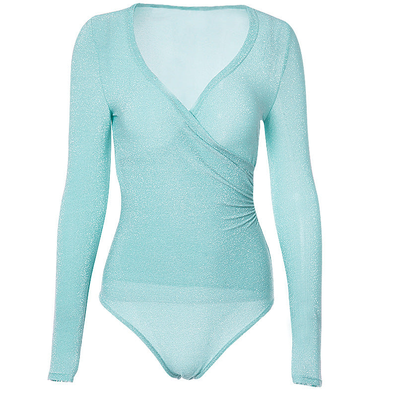 Women's Metallic V-Neck Long Sleeve Jumpsuit – Pleated High Waist Hot Pants