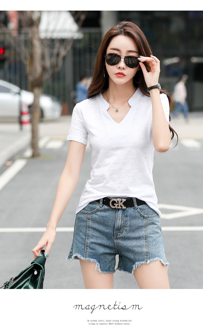 Women's Loose V-Neck Slub Cotton T-Shirt – Casual Summer Tee in 4 Colors (S-3XL)