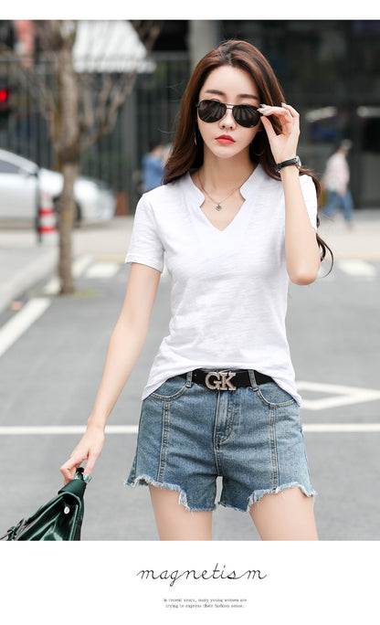 Women's Loose V-Neck Slub Cotton T-Shirt – Casual Summer Tee in 4 Colors (S-3XL)