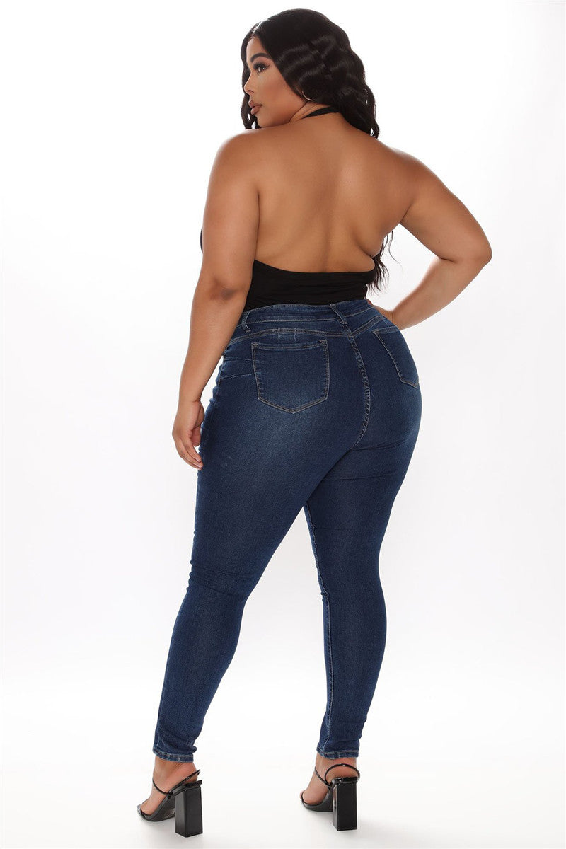 Women's Plus Size High-Waist Stretch Denim Pencil Pants – Slim Fit Blue Jeans