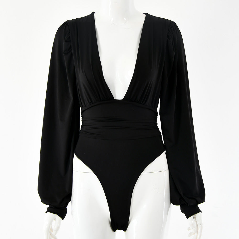 Women's Deep V Long Sleeve Pleated Bodysuit – Body-Shaping Milk Silk
