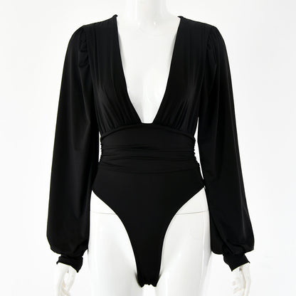Women's Deep V Long Sleeve Pleated Bodysuit – Body-Shaping Milk Silk