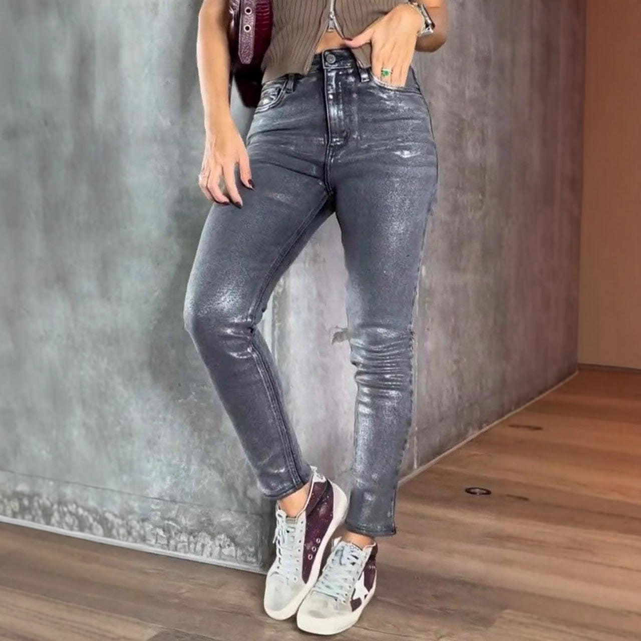Women's Gold & Silver Foil Print Stretch Skinny Jeans – Slim Fit