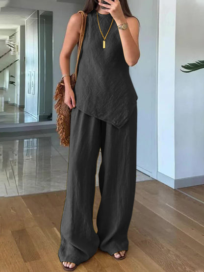 Women's Casual Sleeveless Crew-Neck Two-Piece Set with Pockets
