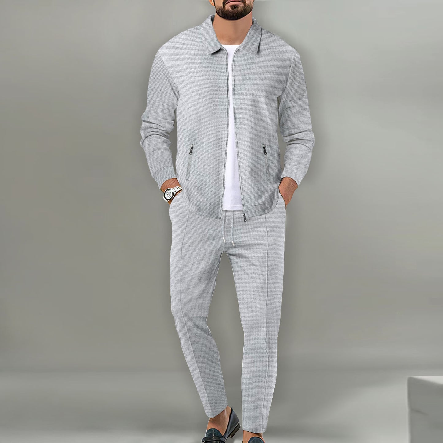 Men's Waffle Texture 2-Piece Casual Suit Set