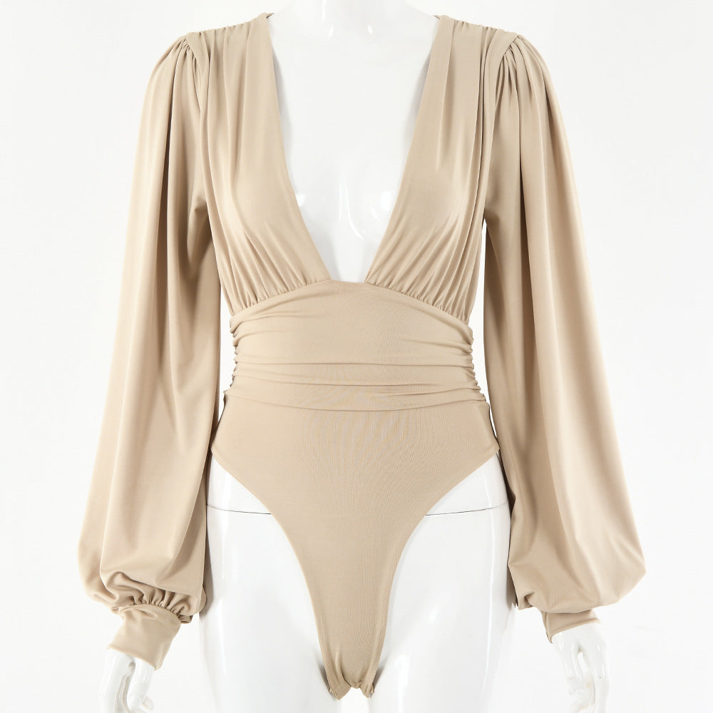Women's Deep V Long Sleeve Pleated Bodysuit – Body-Shaping Milk Silk