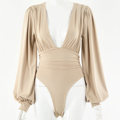 Women's Deep V Long Sleeve Pleated Bodysuit – Body-Shaping Milk Silk