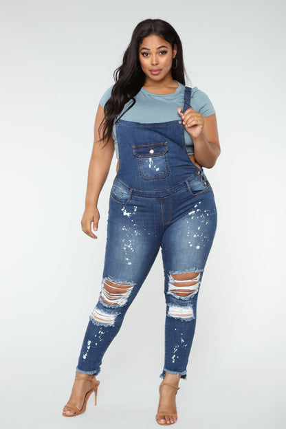 Women's Plus Size High-Waist Ripped Denim Overalls – Elastic Waist Light Blue XL–4XL