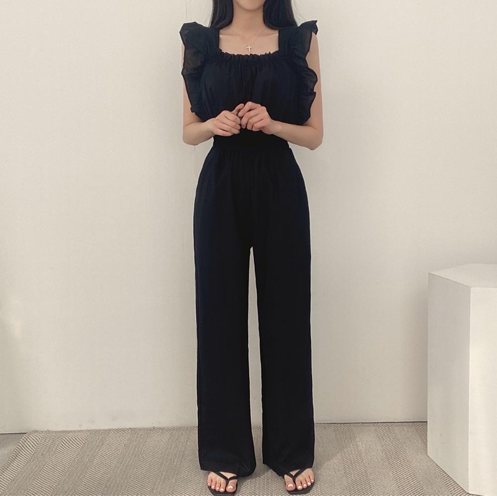 Women's French Retro Square Collar Ruffle Sleeve High Waist Wide Leg Jumpsuit – Black Brown Beige S–XL