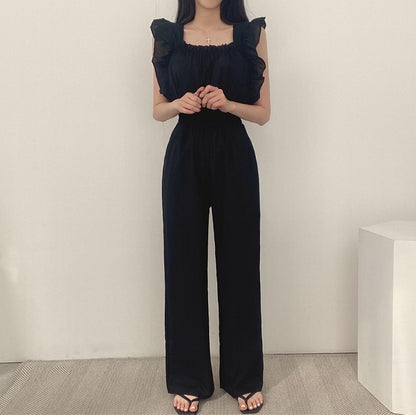 Women's French Retro Square Collar Ruffle Sleeve High Waist Wide Leg Jumpsuit – Black Brown Beige S–XL