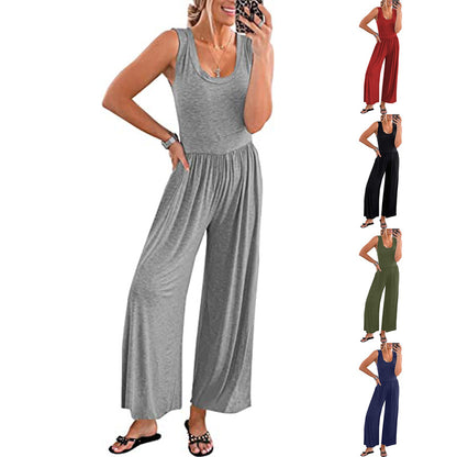 Women's Loose-Fit Sleeveless Stretch Jumpsuit – Minimalist Casual Style Gray Green Navy S–3XL