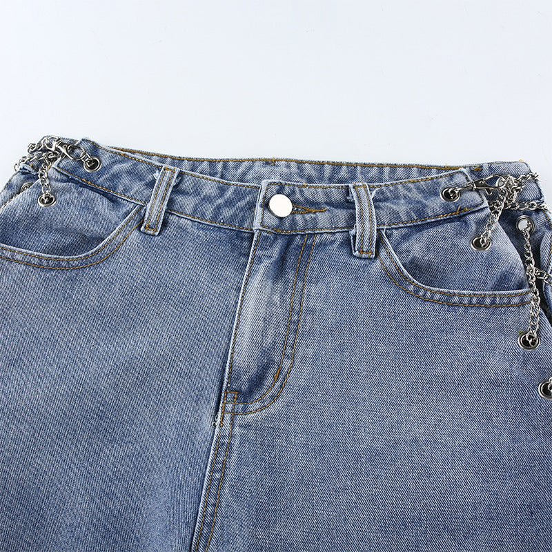 Women's High-Waist Washed Jeans – Light Blue Streetwear Denim with Chain Detail S-L