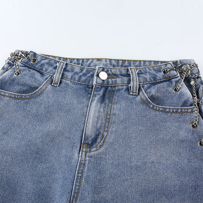 Women's High-Waist Washed Jeans – Light Blue Streetwear Denim with Chain Detail S-L