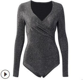 Women's Metallic V-Neck Long Sleeve Jumpsuit – Pleated High Waist Hot Pants