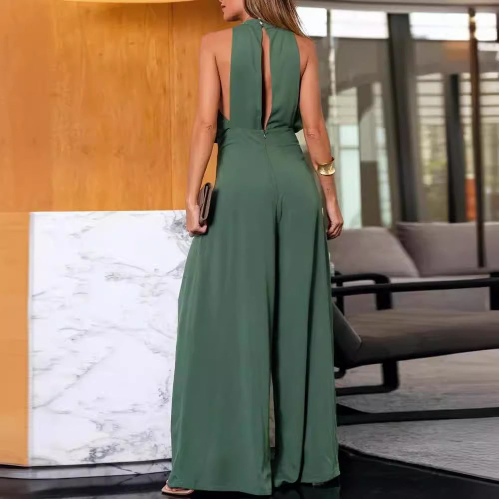 Women's Halter Neck Cropped Jumpsuit – Solid Green Socialite Style S–XL