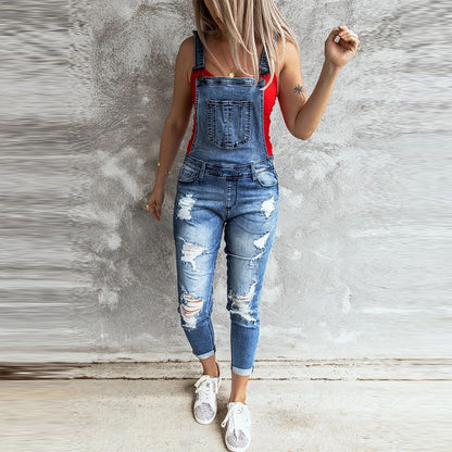 Women's High-Waist Ripped Denim Overalls