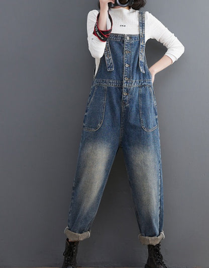 Women's Loose Retro Solid Blue Denim Suspender Overalls – Leisure Style M–2XL