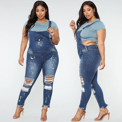 Women's Plus Size High-Waist Ripped Denim Overalls – Elastic Waist Light Blue XL–4XL