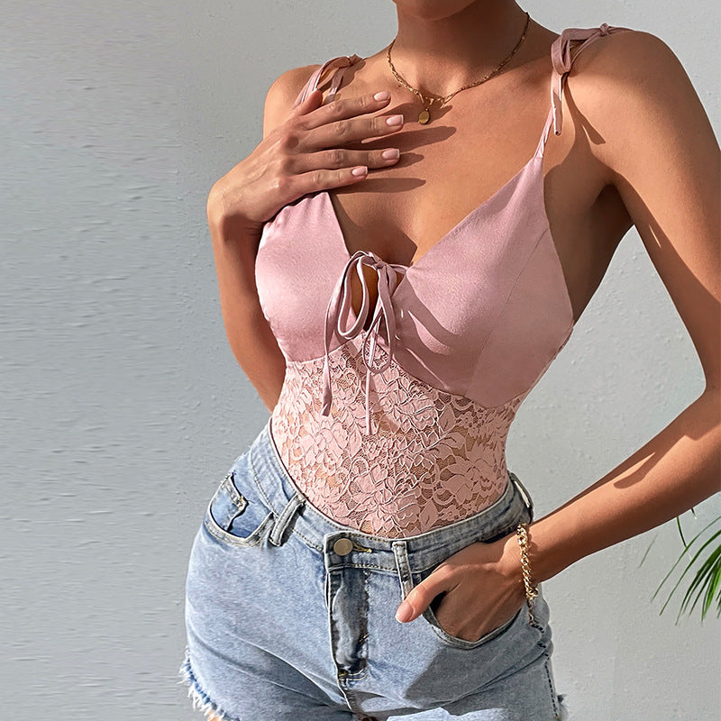 Women's Lace Halter Open-Back Bodysuit – Solid Pink Skinny Fit S–XL