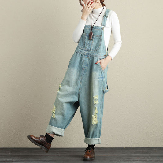 Women's Vintage Loose Denim Suspender Jumpsuit – Ripped Cotton One Size Light & Dark Blue