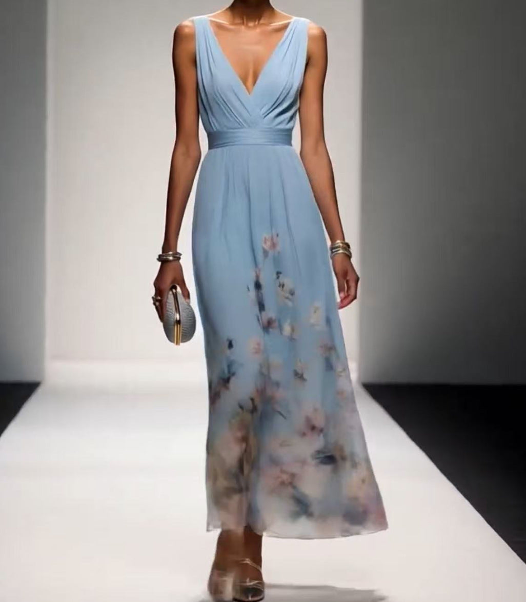 Women's Elegant V-Neck Sleeveless Maxi Evening Gown – High Waist Long Dress