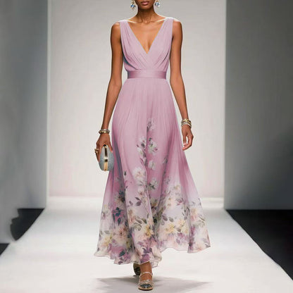 Women's Elegant V-Neck Sleeveless Maxi Evening Gown – High Waist Long Dress