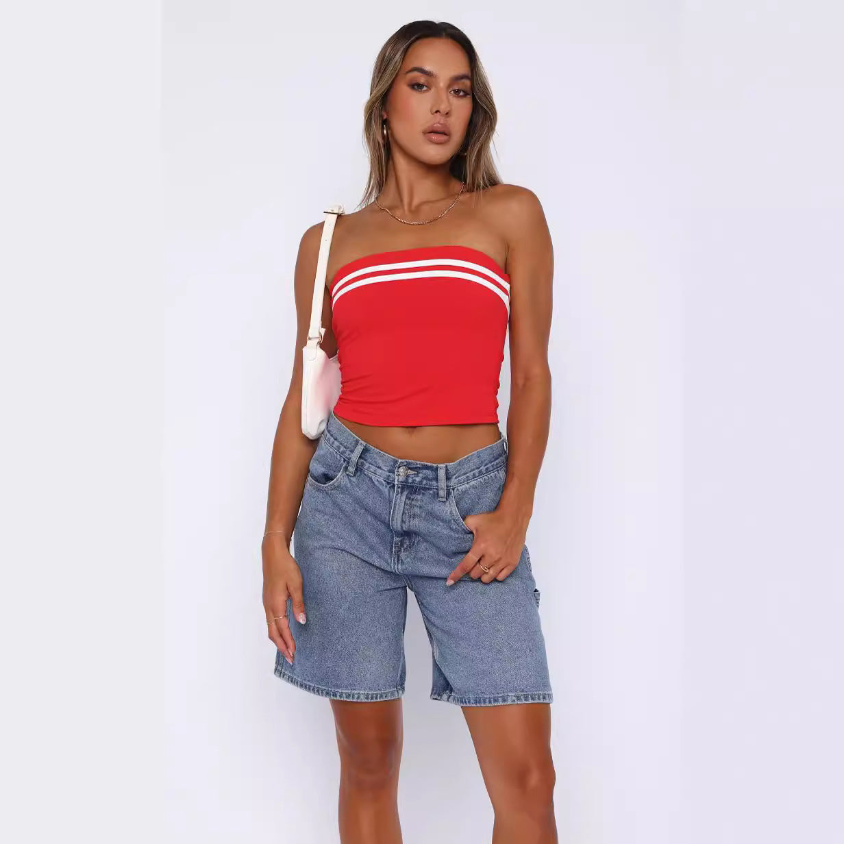 Women's Contrast Color Striped Tube Top – Slim Fit Knit Street Style (Black & Red, S-XL)