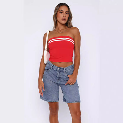 Women's Contrast Color Striped Tube Top – Slim Fit Knit Street Style (Black & Red, S-XL)