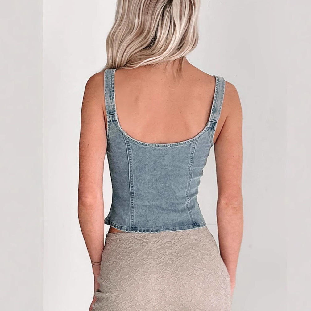 Women's Denim Sleeveless Strappy Top – Slim Fit Zipper Detail