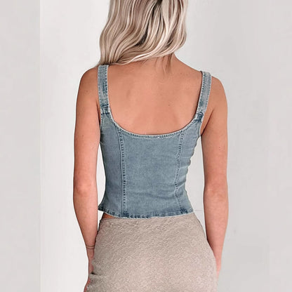 Women's Denim Sleeveless Strappy Top – Slim Fit Zipper Detail