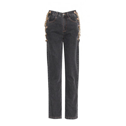 Women's High-Rise Chain Detail Straight-Leg Jeans