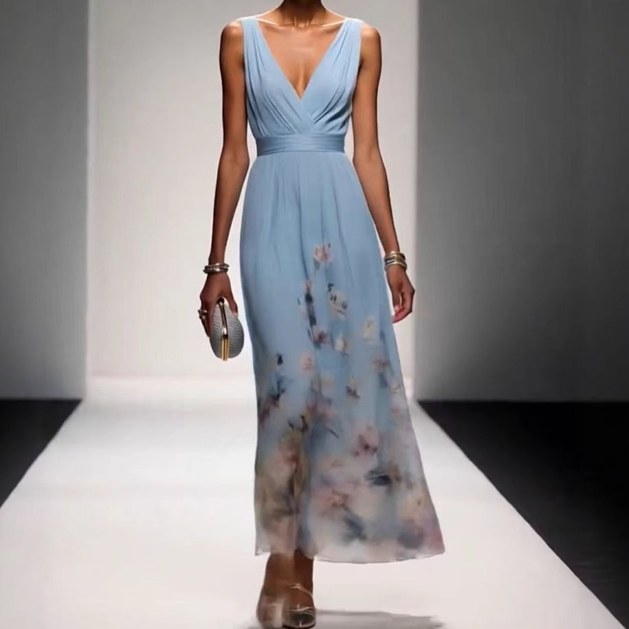 Women's Elegant V-Neck Sleeveless Maxi Evening Gown – High Waist Long Dress