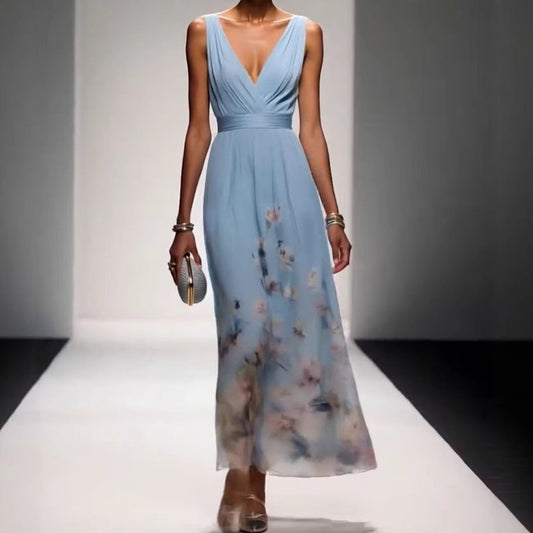 Women's Elegant V-Neck Sleeveless Maxi Evening Gown – High Waist Long Dress
