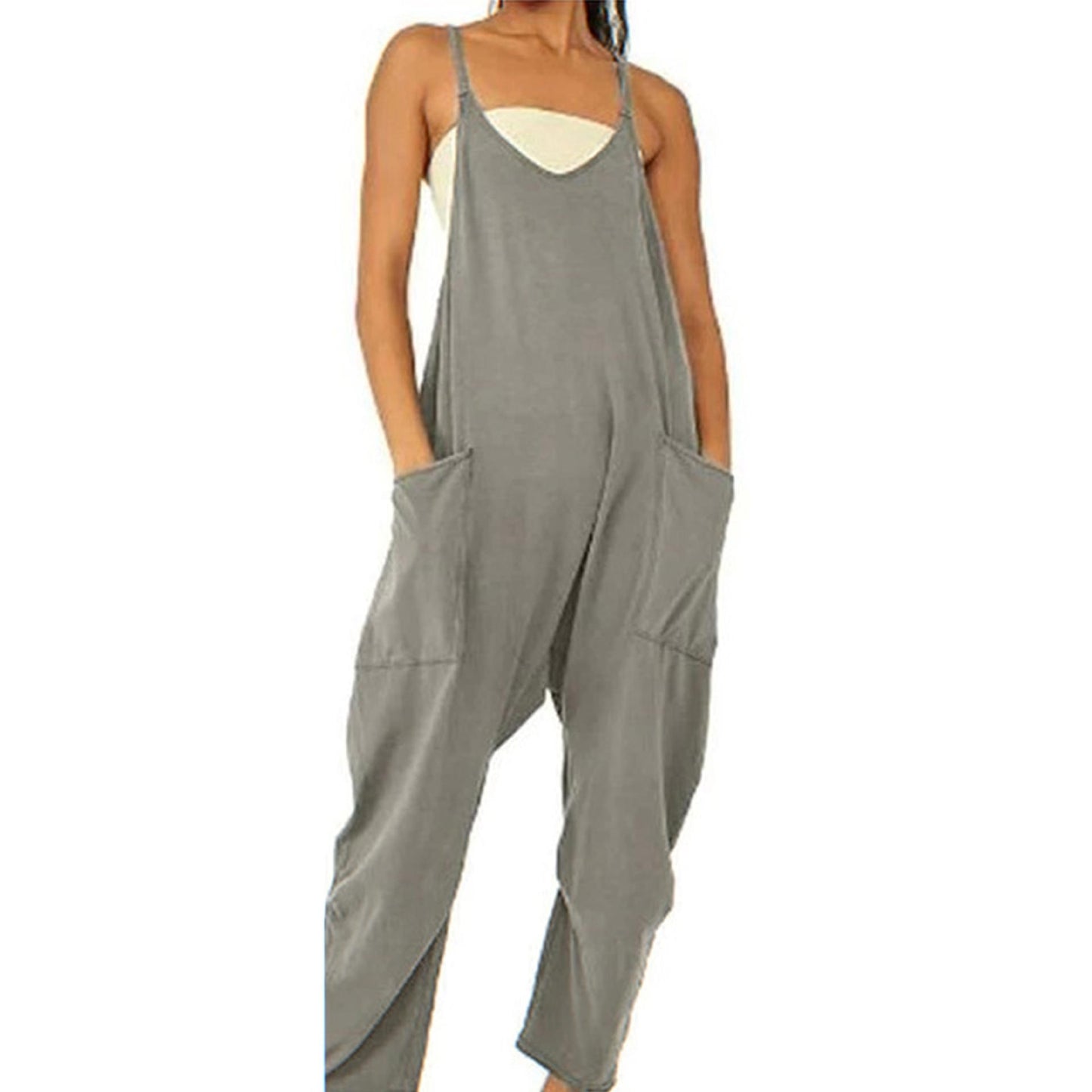Women's Spaghetti Strap Loose Jumpsuit – Wide Leg Pockets & Zipper S–4XL