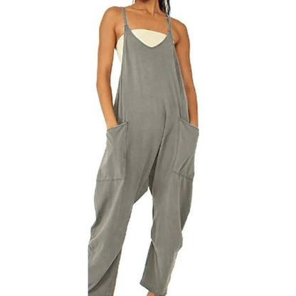 Women's Spaghetti Strap Loose Jumpsuit – Wide Leg Pockets & Zipper S–4XL