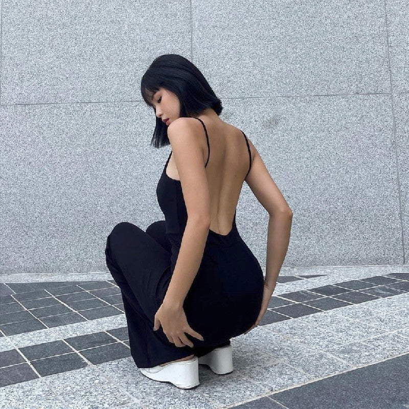 Women's Backless Slim-Fit Jumpsuit – Solid Black American Style S–L