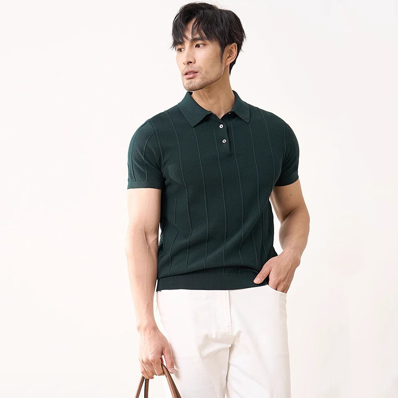 Men's Short Sleeve Knit Polo Shirt – Slim Fit Vertical Stripe Business Casual