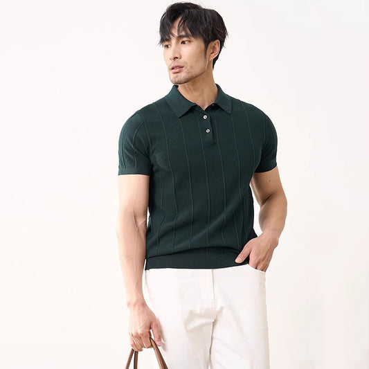 Men's Short Sleeve Knit Polo Shirt – Slim Fit Vertical Stripe Business Casual