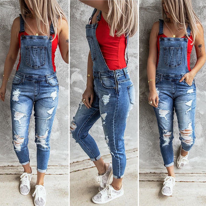 Women's High-Waist Ripped Denim Overalls