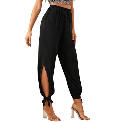 Women's High-Waist Drawstring Harem Pants with Tie Cuffs