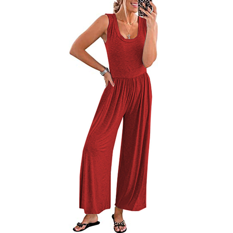 Women's Loose-Fit Sleeveless Stretch Jumpsuit – Minimalist Casual Style Gray Green Navy S–3XL