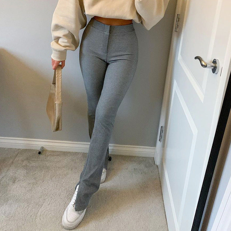 Women's High-Waist Skinny Straight Casual Pants with Split